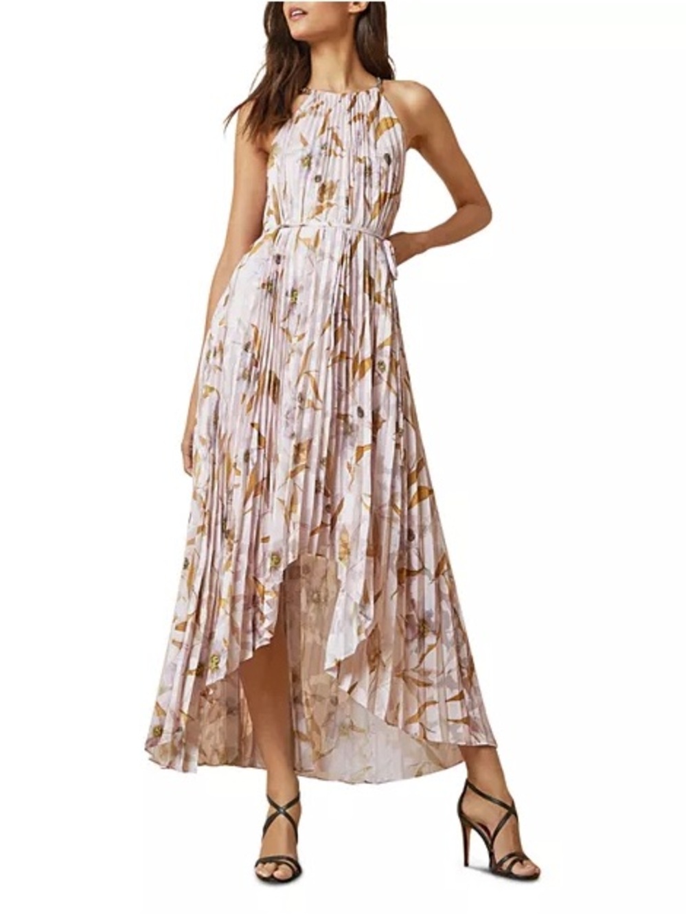 Ted Baker Dixxie Pleated Dress Pink Floral High/Low Maxi wedding guest